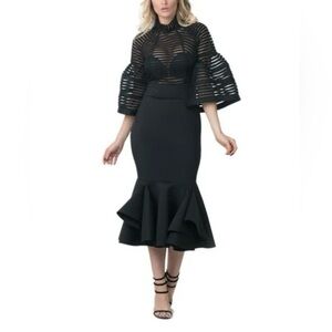 Eien USA Black Mesh Stripe Bell Sleeve Mermaid Midi Dress Size Small EUC